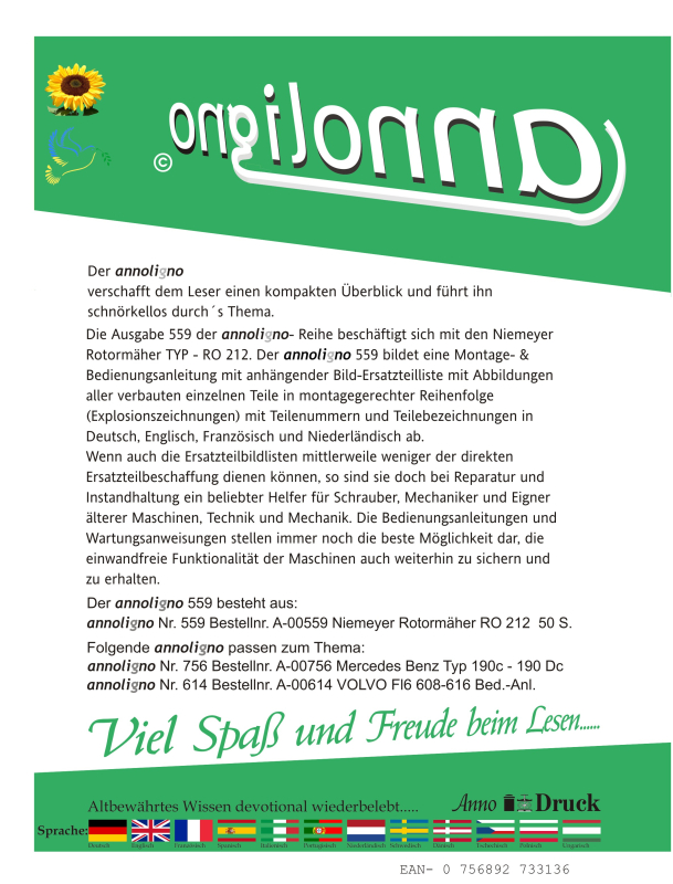 Niemeyer & Söhne Rotormäher Typ RO 212  Bild- Bedienungsanleitung & Bild- Ersatzteilliste & Explosionszeichnungen  - annoligno 559